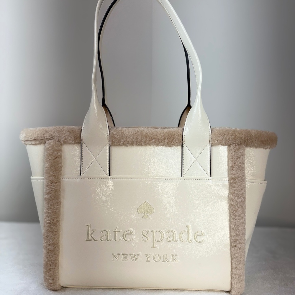 NWT Kate Spade IVORY MERINGUE Faux Fur Shearling Trim Large JETT TOTE $459
